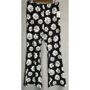 NWT Billabong Sz XL Hang Loose Pants Floral Black White Pull On Flare Knit Boho